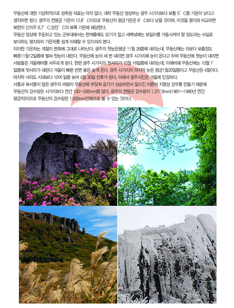 
                    ����꿡 ���� ����������� ������ �ڷ�� ���� ����. �뷫 ����� ����δ� ���� �ð������� ���� 5��C�� ����� ���ٰ� �����ϸ� �ȴ�. ������ ����� ����� 12.8��C�̹Ƿ� ������� ��ձ���� 8��C���� ���� ���̸�, �̰��� ������ ���ϸ� ������ ������ 8.7��C,������C�� ���� ��¿� �ش��Ѵ�. 
����� ���� �ֵ��ϰ� �ִ� ���δ뿡���� �ѿ������� ��Ⱑ ���� �����迡�� ���Ϸ��� �������Ѿ� �� ������� ��Ƿ� ������ �������� ������� ���� ������ �� �������� ����. 
�̷��� ������� ������ ��ȭ�� �״�� ��Ÿ����. ������ ù������� 11�� 28�뿡 �����µ�, ����꿡�� �̺��� �������� ����11��12���뿡 ���� ù���� ������. ����꿡 ���� �� �� ������ ���� �ð����� ���� �´ٰ� �Ͽ� ����꿡 ù���� ������ ������� �ܿ�ä�� ���θ��� �ȴ�. ���� ���� �ð����� ù������ 10�� 18���뿡 �����µ�, �̿����� ����꿡�� 10�� 7���뿡 ù������ ������ �ܿ��� ���� �ݸ� ���� �ʰ� �´�. ���� �ð����� ������ ���� ���1��20�����̰� ������� 4���̴�. ������ ������ �ó����� 10�� ���� �ʾ� 4�� 30�� ���İ� �ȴ�. �̷��� ���ֽù��� �ܿ￡ �ΰ��ϴ�. 
��ǳ�� �ϼ�ǳ�� ���� ������ �ٶ��� ����꿡 �ε��� ���Ⱑ ����ϸ鼭 ����Ų �̸��� ������ ���츦 ����� ������ ������� �������� �ð������� ���� 100~200mm�� ����. ������ ����� �������� 1,377.8mm(1981~1990�� ���� ���ġ)�̹Ƿ� ������� �������� 1,500mm�������� �� �� �ִ� ���̴�.