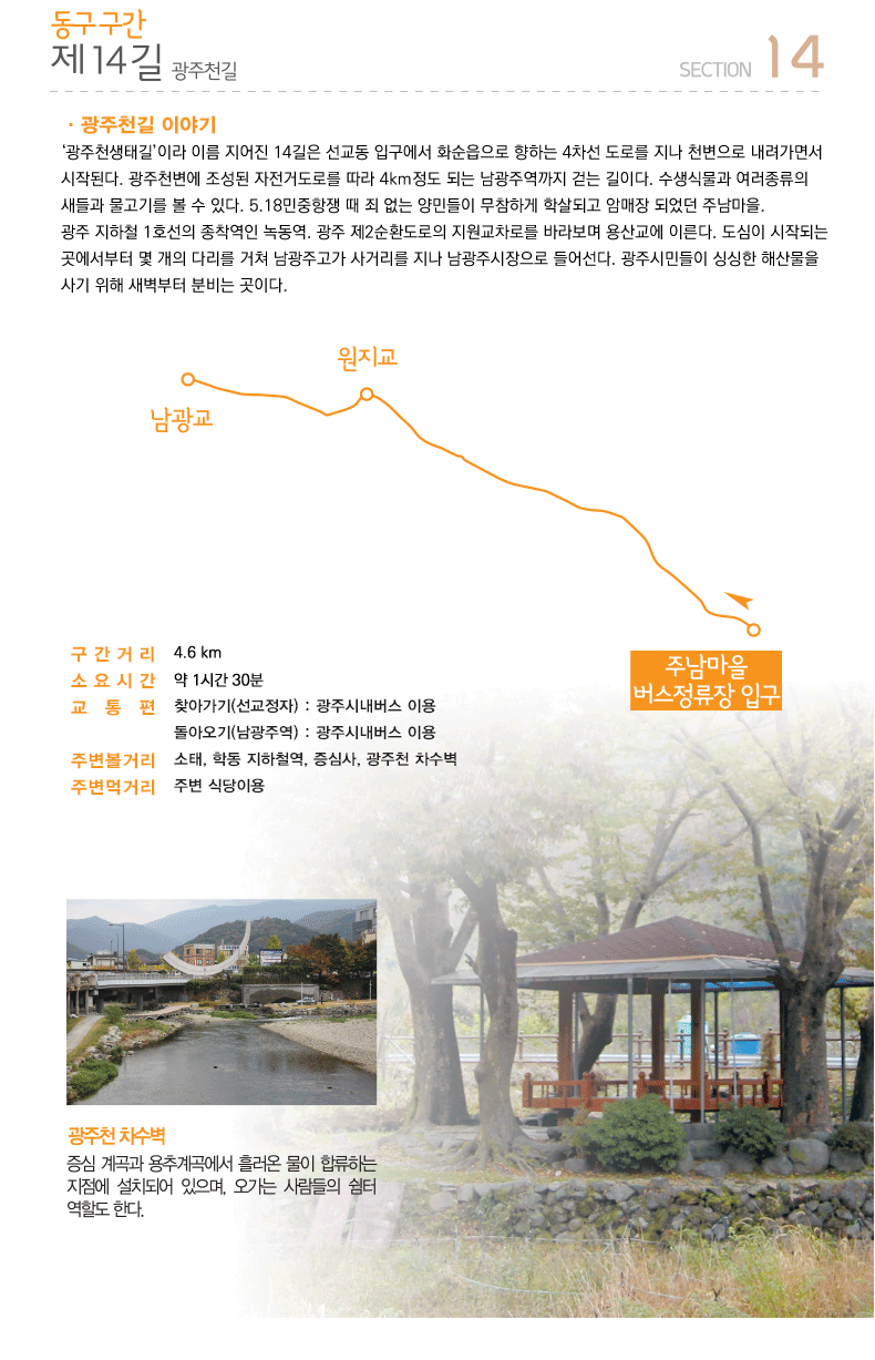 ��14�� ����õ�� , �����Ÿ�:4.6km, �ҿ�ð�:1�ð� 30��, ������:ã�ư���(��������) : ���ֽó������̿� & ���ƿ���(�����ֿ�) : ���ֽó������̿�